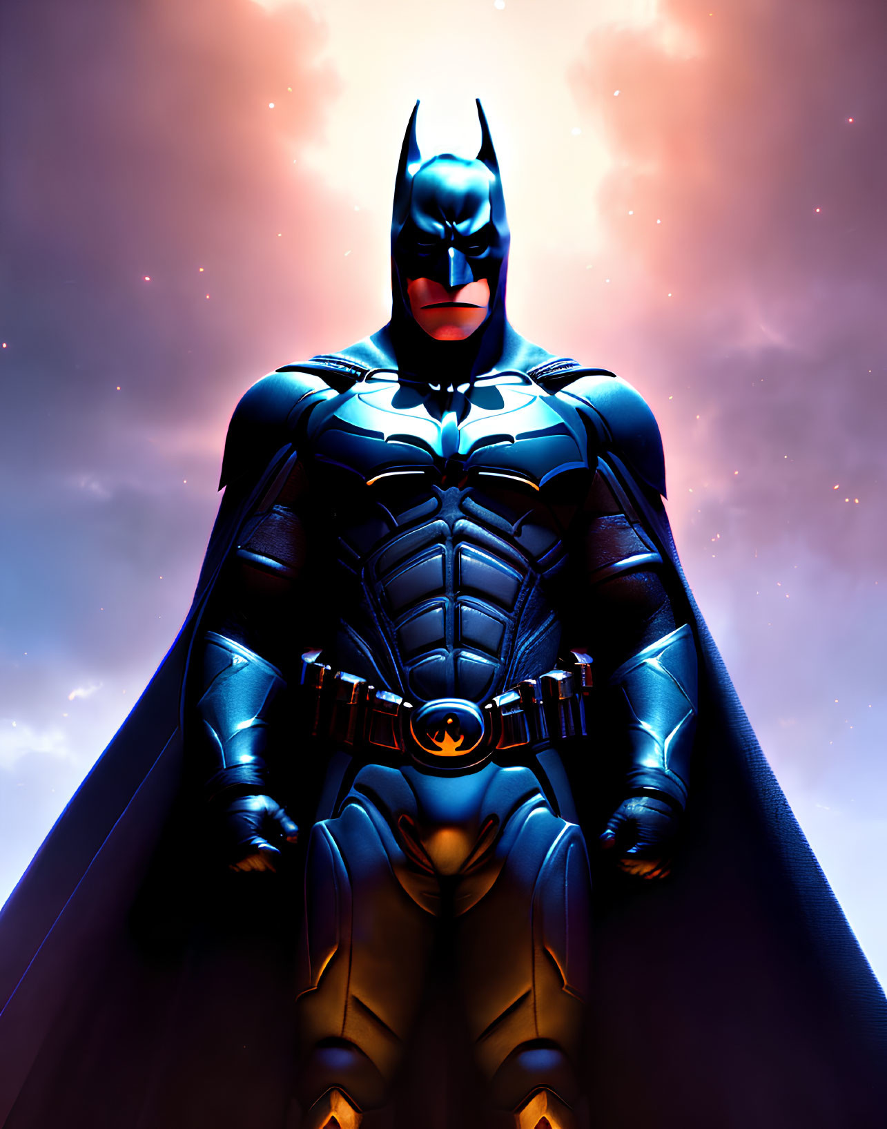 Batman Costume Figure Against Dramatic Sky