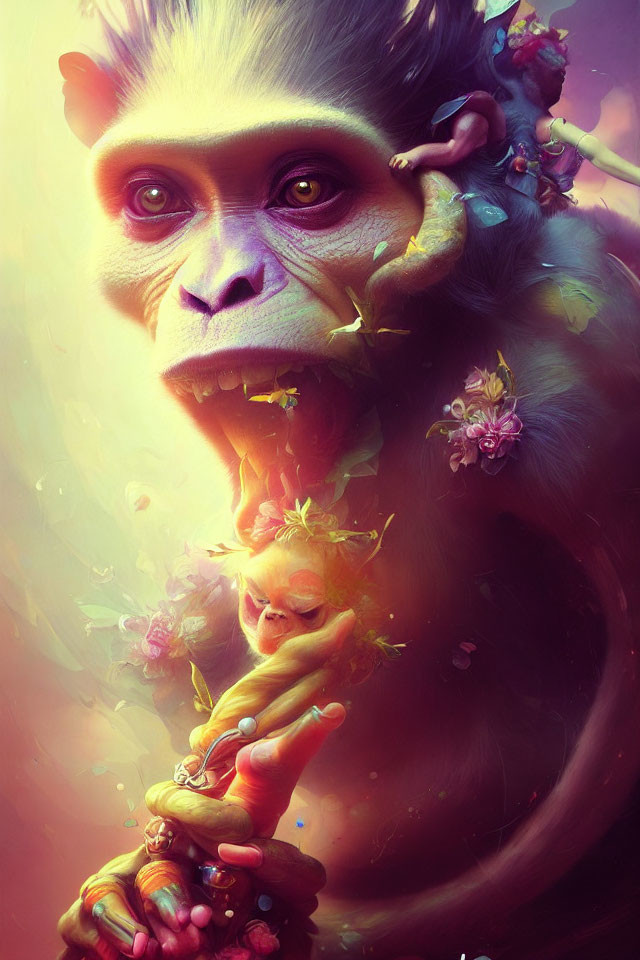 Colorful Monkey Artwork with Fantastical Elements and Floral Surroundings