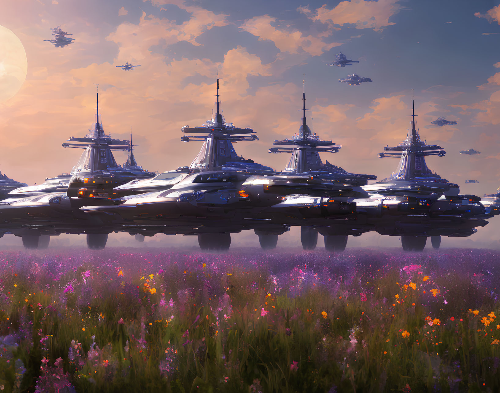 Futuristic spaceships above flower-covered meadow at dusk