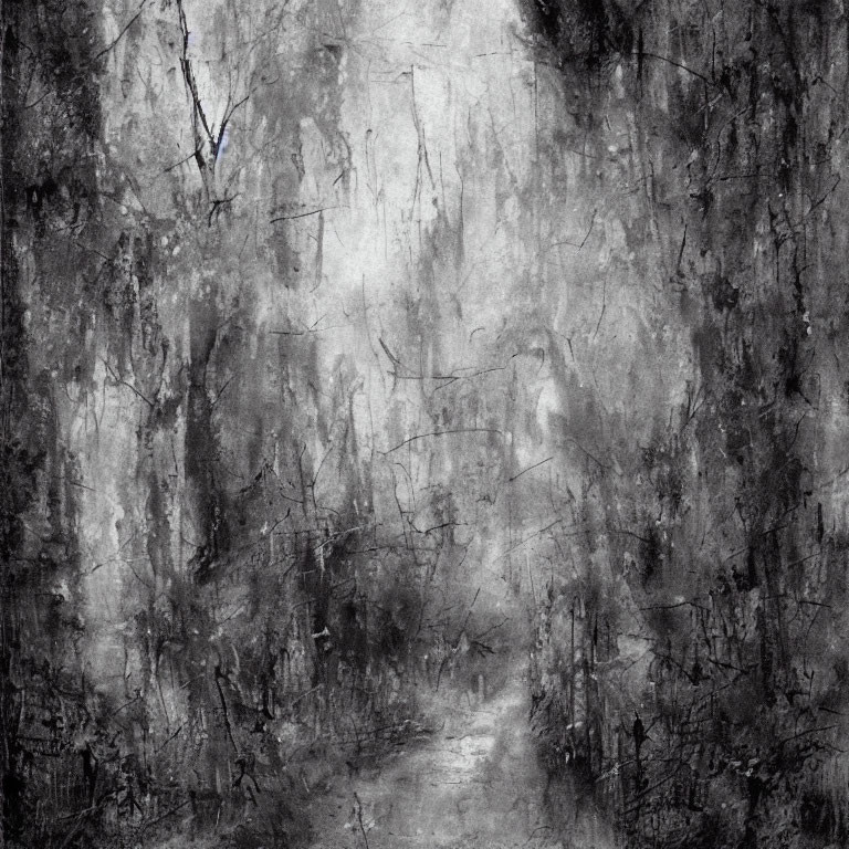 Monochrome forest path with eerie atmosphere