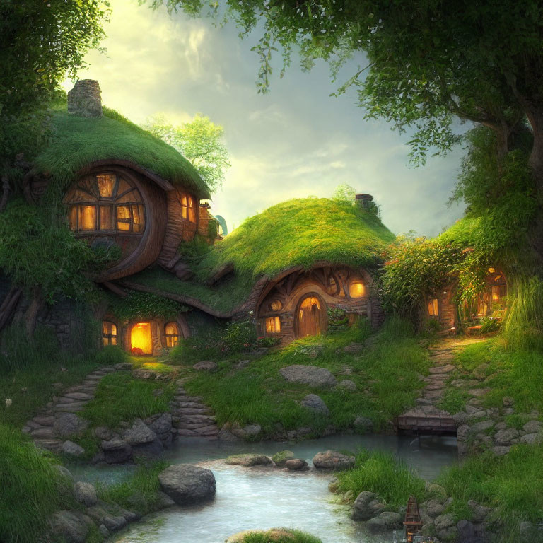 Cozy round-door hobbit houses in lush green setting