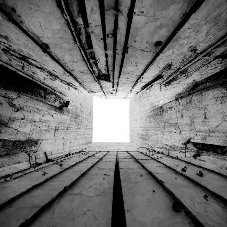 Monochrome photo of empty vertical industrial shaft with square opening