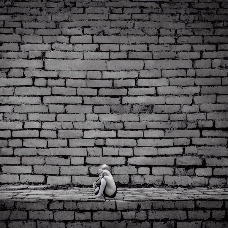 Lonely child sitting against textured brick wall