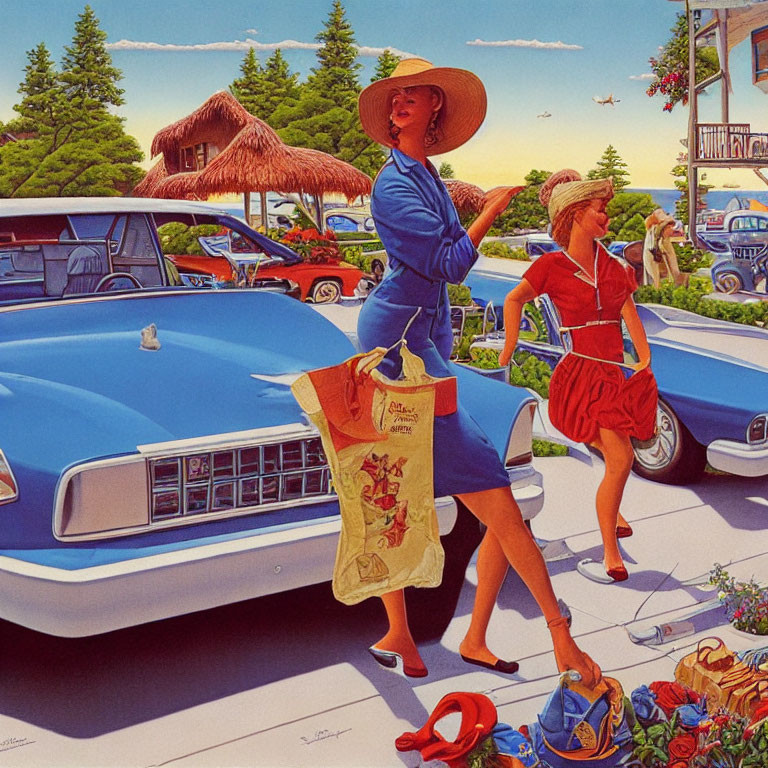 Two Women in Retro Attire by Classic Blue Car at Sunny Coastal Setting