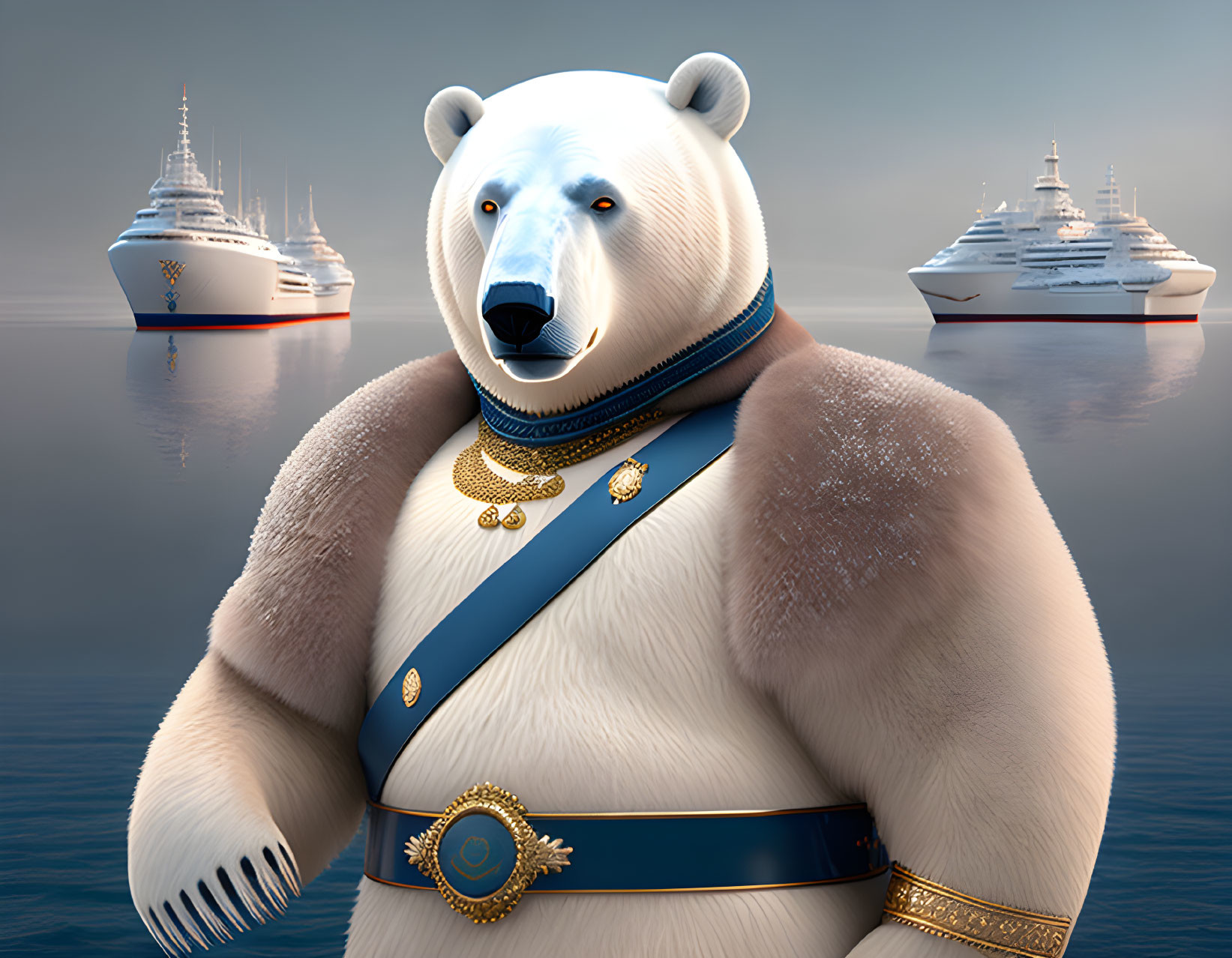 Anthropomorphic polar bear in navy uniform with medals and yachts in foggy backdrop