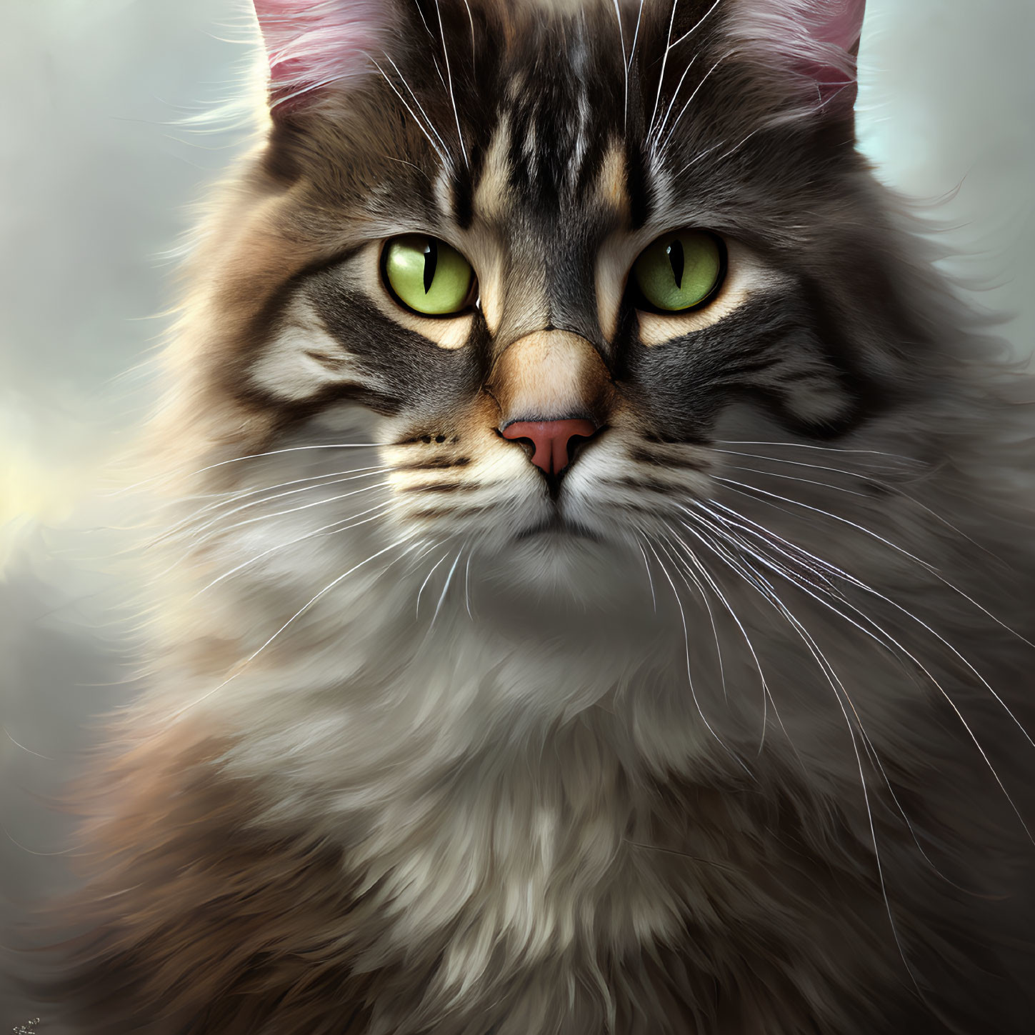 Long-haired cat with green eyes and fluffy fur in close-up shot