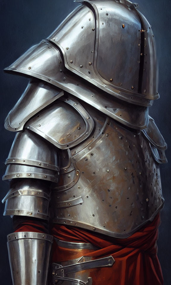 Detailed Close-Up of Person in Medieval Plate Armor with Polished Metallic Surface and Red Cloth