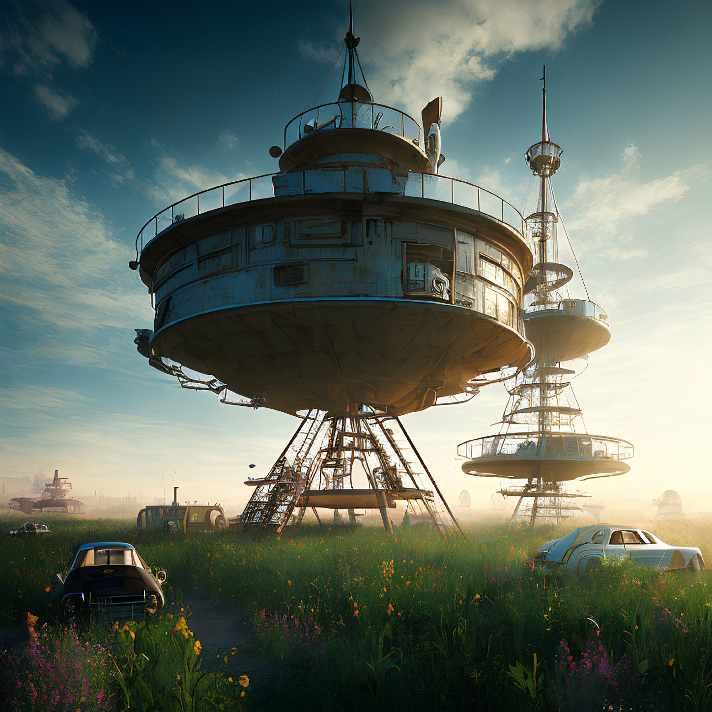 Circular Platform Towers Over Flowers with Retro Cars Below