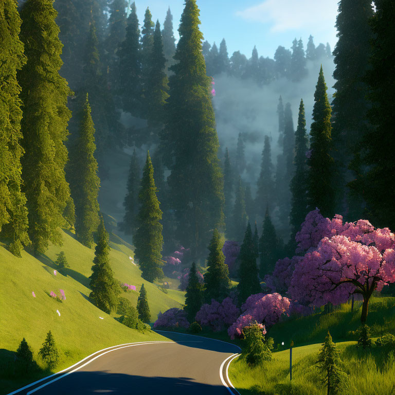 Scenic forest road with cherry blossoms and evergreens