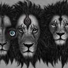 Grayscale image depicting lions transitioning to a human evolution bond.