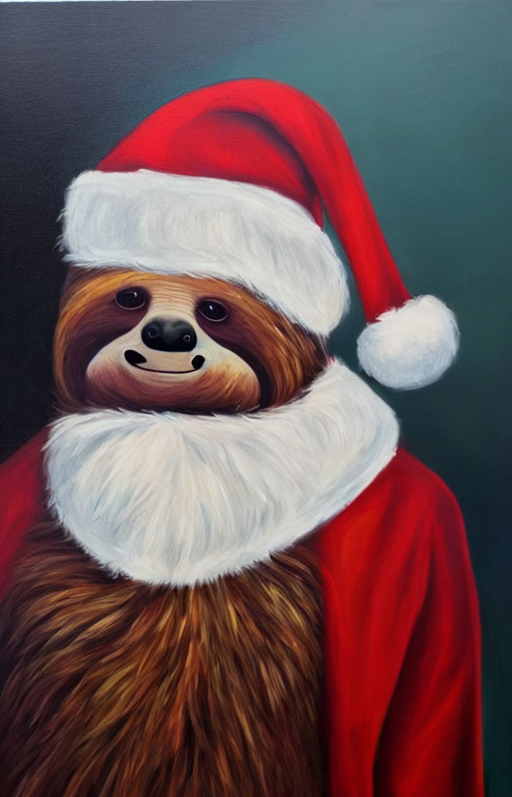 Smiling sloth in Santa Claus outfit on dark background