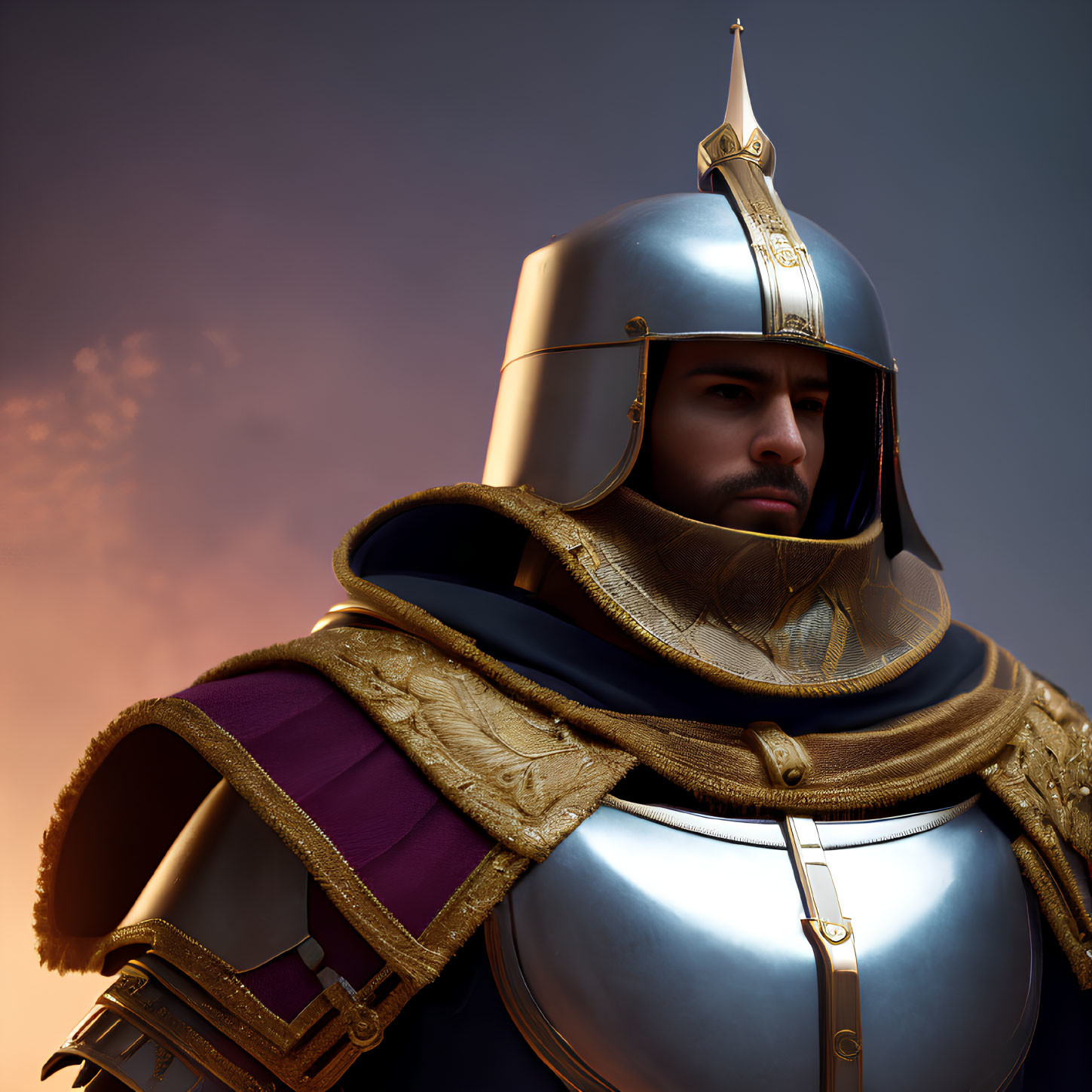 Medieval knight in polished armor with plumed helmet and purple cloak against dusky sky