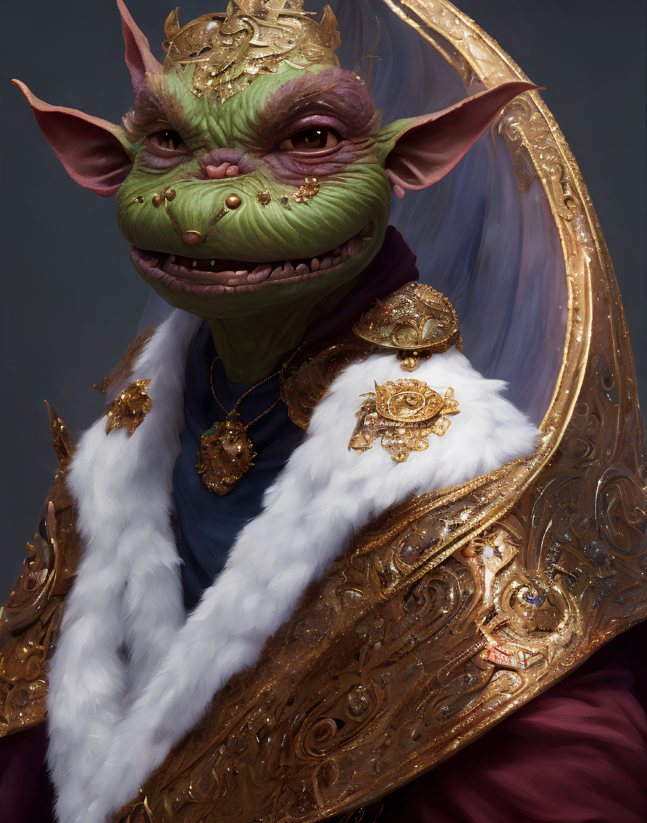 Regal goblin in golden armor and fur collar on red robe