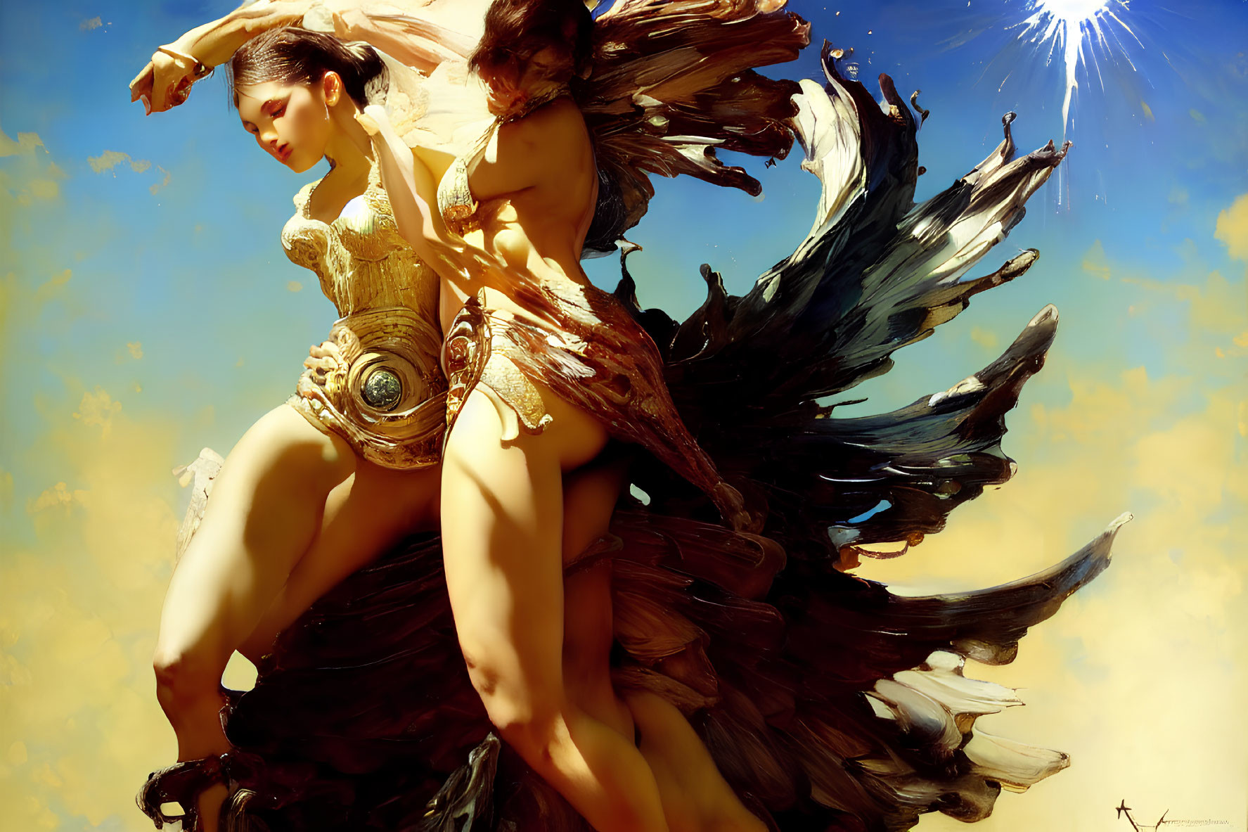 Ethereal beings with large wings in golden armor against sunny sky