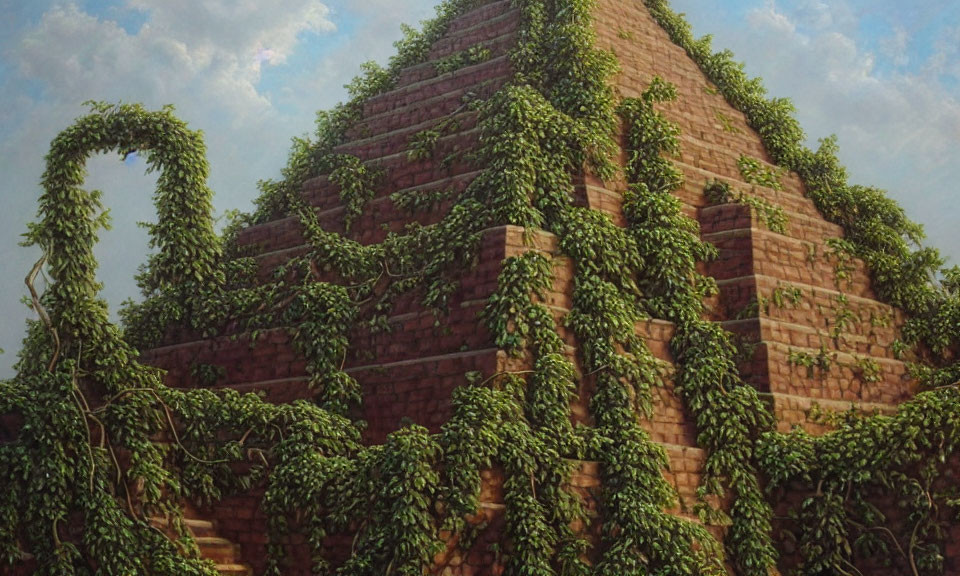 Ancient brick pyramid covered in green vines under blue sky