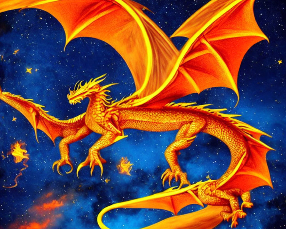 Colorful Orange Dragon Illustration with Wings in Starry Night Sky