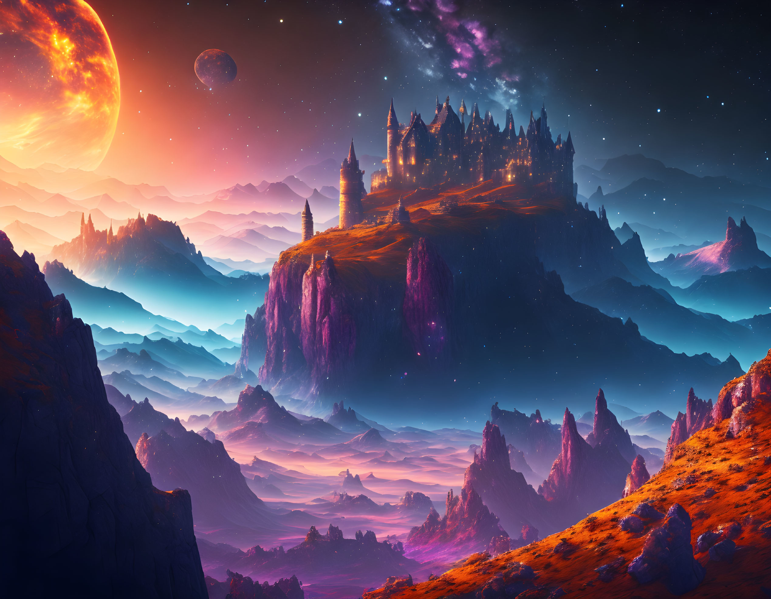 Fantasy landscape with castle on cliff under starry sky, moon and planet in crimson and blue hues