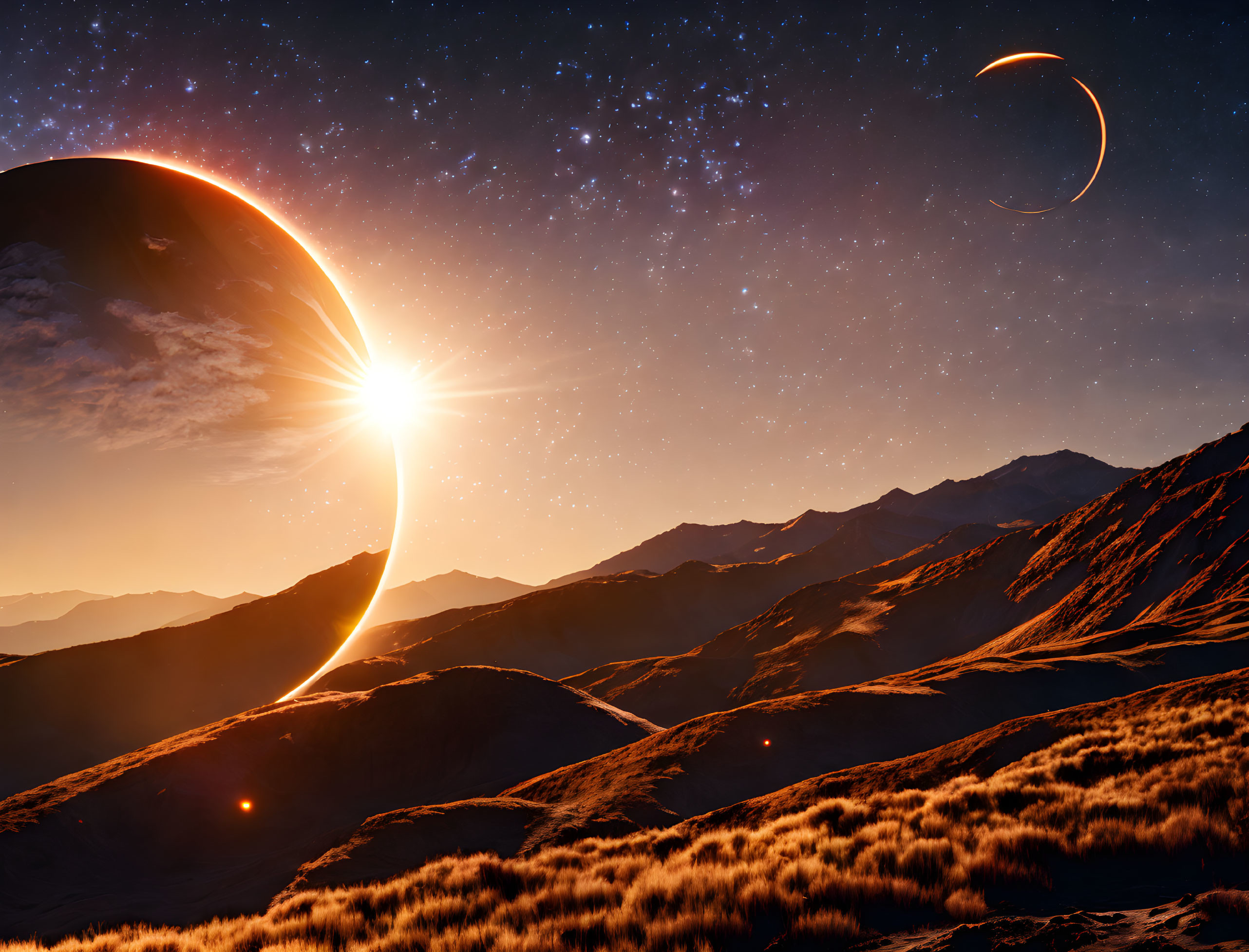 Rising sun over alien landscape with celestial bodies in starry sky