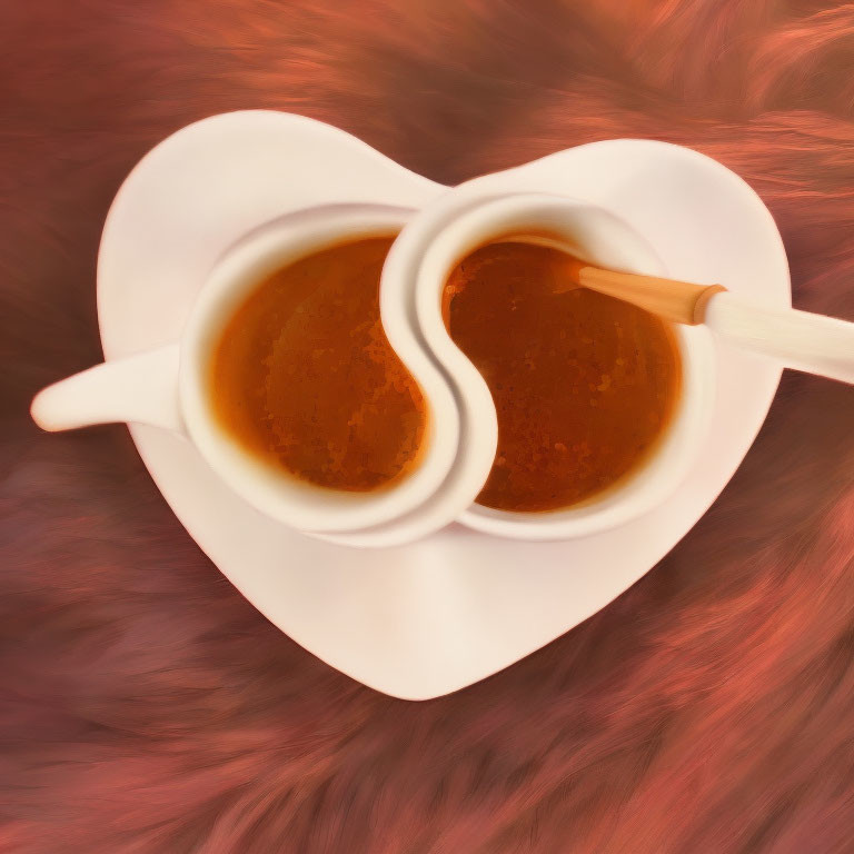 Tea cups forming heart shape on reddish-brown background with wooden spoon