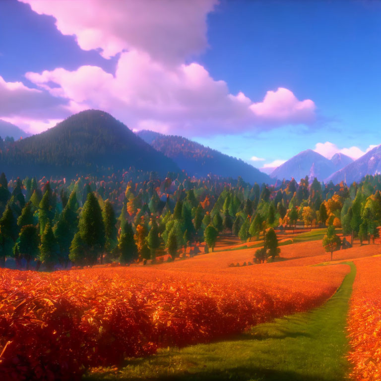 Colorful animated landscape with autumn foliage and mountains under a purple sky