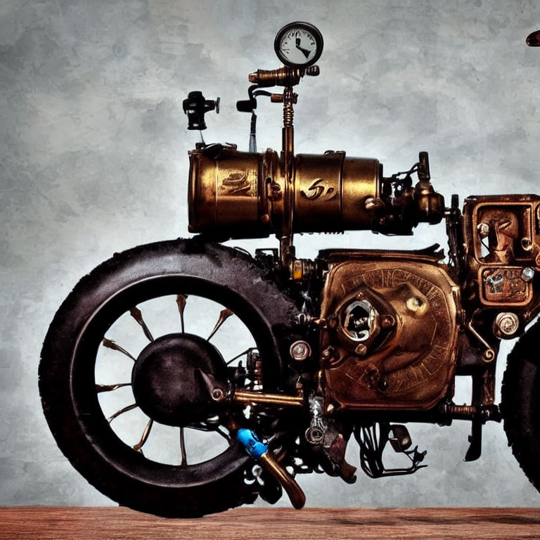 Brass-colored steampunk motorbike with vintage design