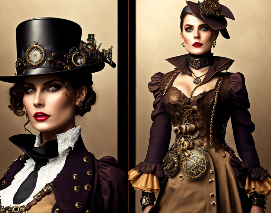 Steampunk-inspired woman in top hat and corset with striking makeup