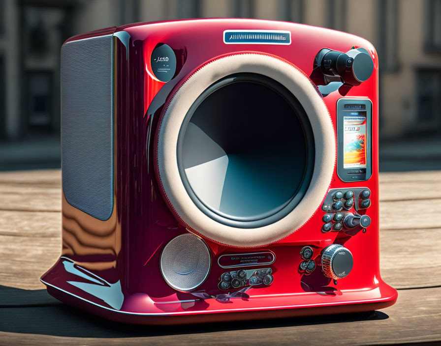 Red Retro-Style Front-Loading Washing Machine with Colorful Interface