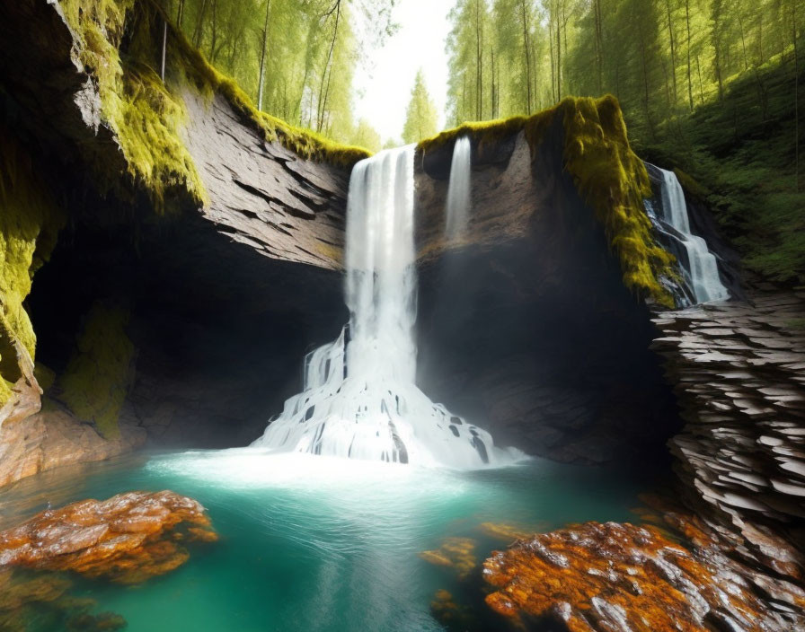 Tranquil waterfall in lush green setting