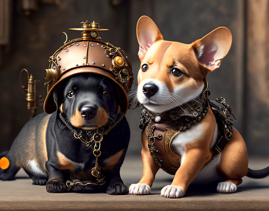 Steampunk-style outfitted dogs in metallic gear on dark backdrop