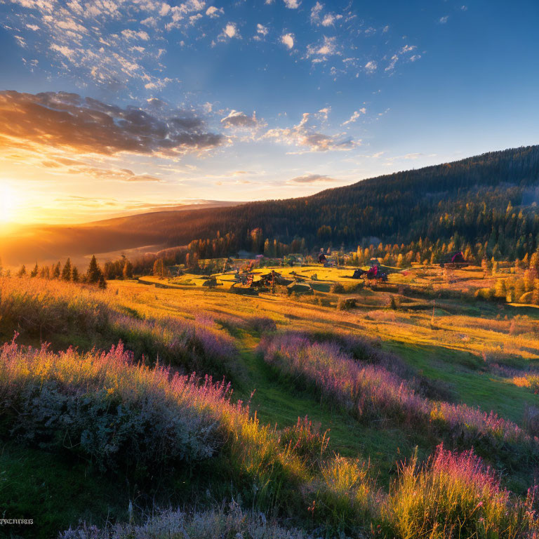 Tranquil rural landscape with sunset, wildflowers, village, and forest.