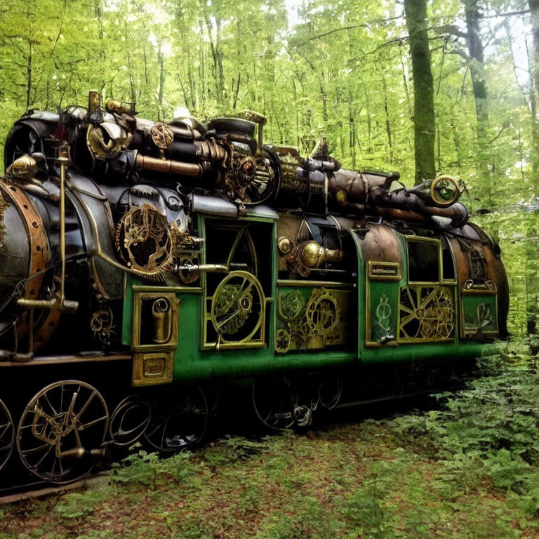 Steampunk locomotive with ornate metallic details in dense forest