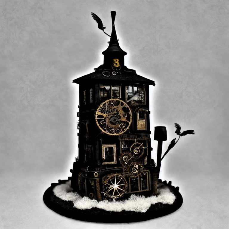 Steampunk-inspired sculpture of multi-tiered building with cogwheel elements and birds.