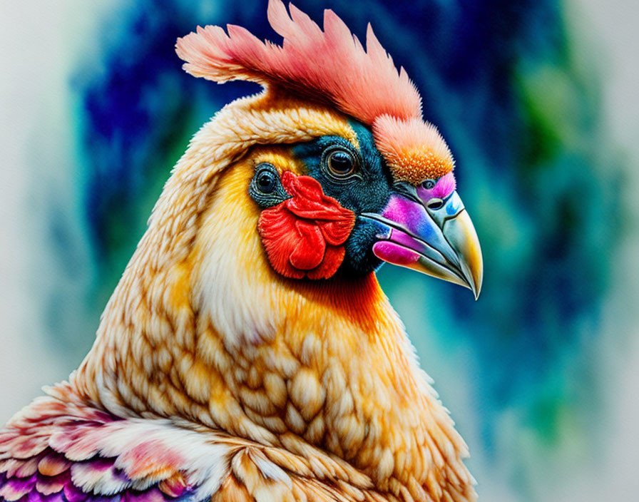 Detailed illustration of vibrant chicken with colorful feathers, red comb, and multicolored beak