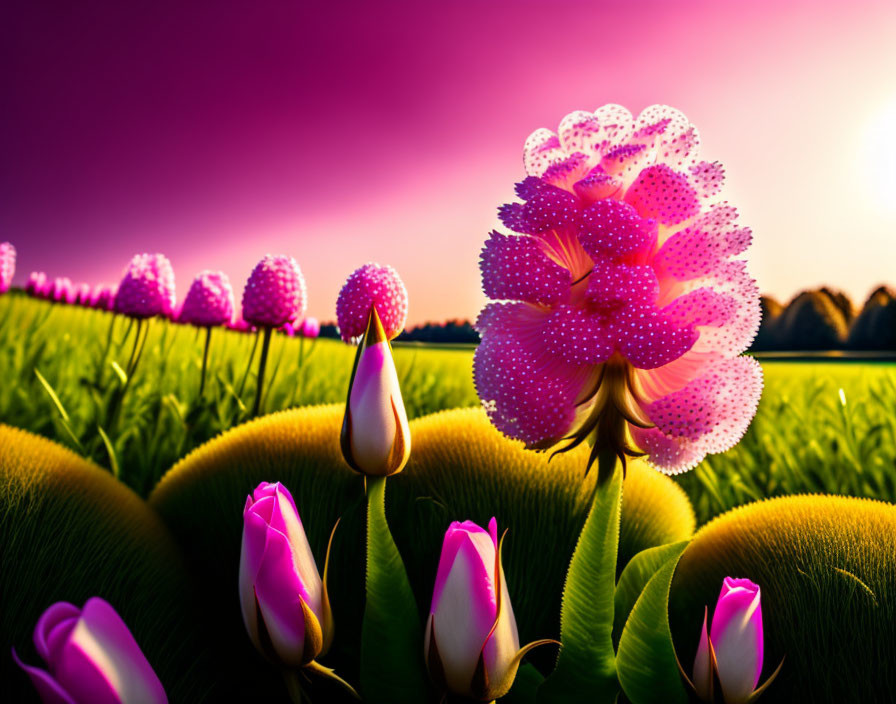 Digitally altered floral landscape with pink buds and purple sky