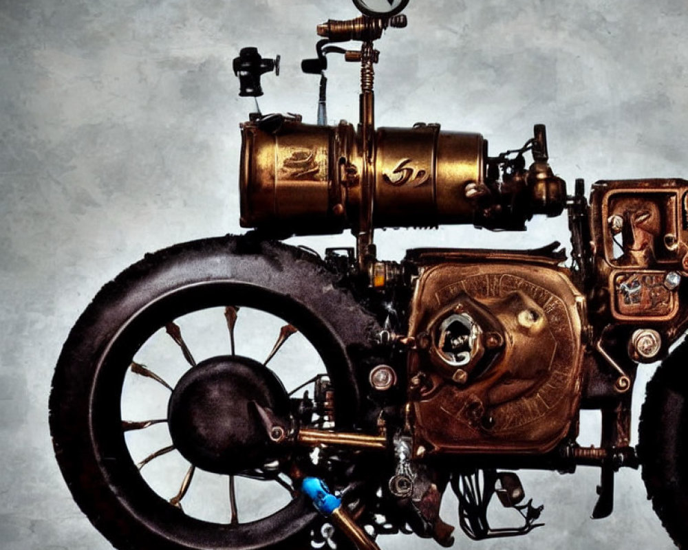 Brass-colored steampunk motorbike with vintage design