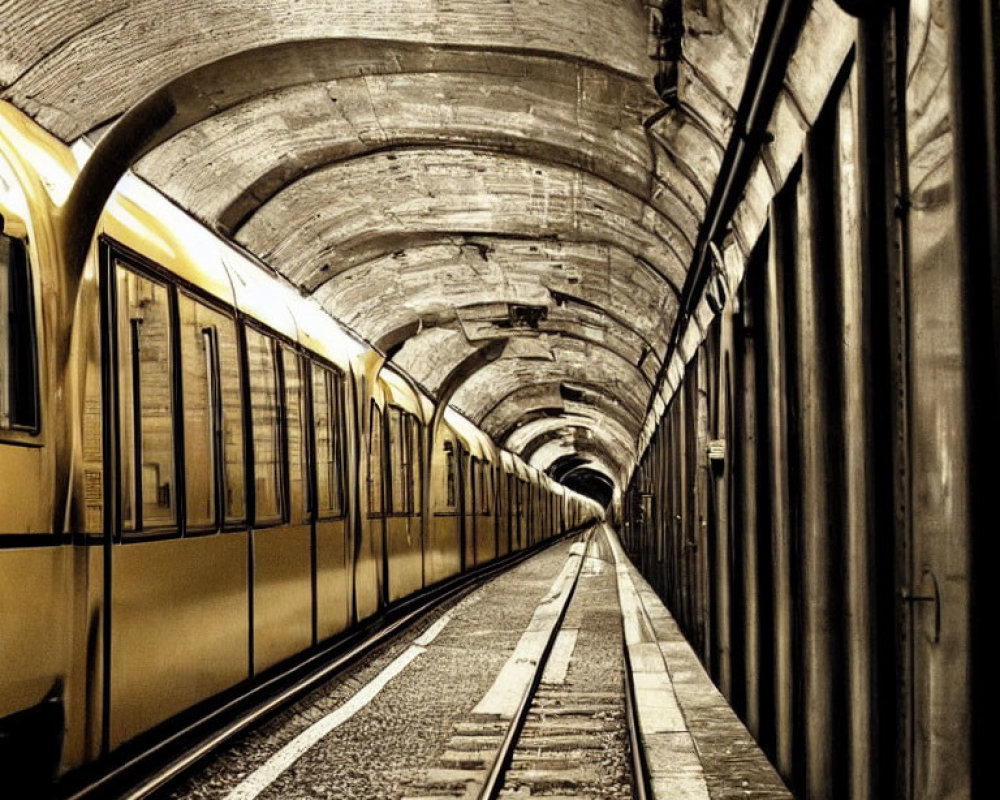 Sepia-Toned Subway Trains in Tunnel with Arched Concrete Walls