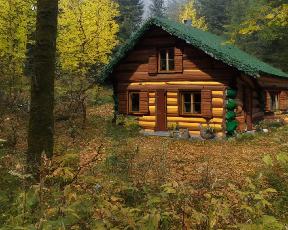 Rustic wooden cabin in autumn forest scene