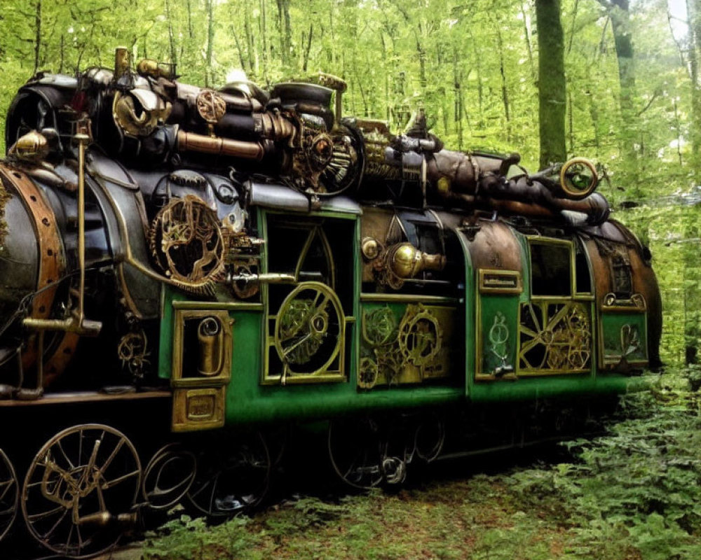 Steampunk locomotive with ornate metallic details in dense forest