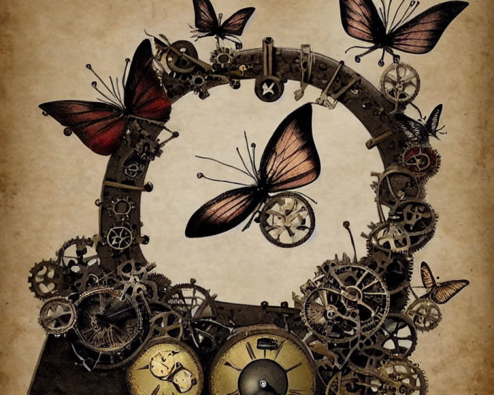 Steampunk-inspired image: Butterflies with gear-like wings in mechanical setting