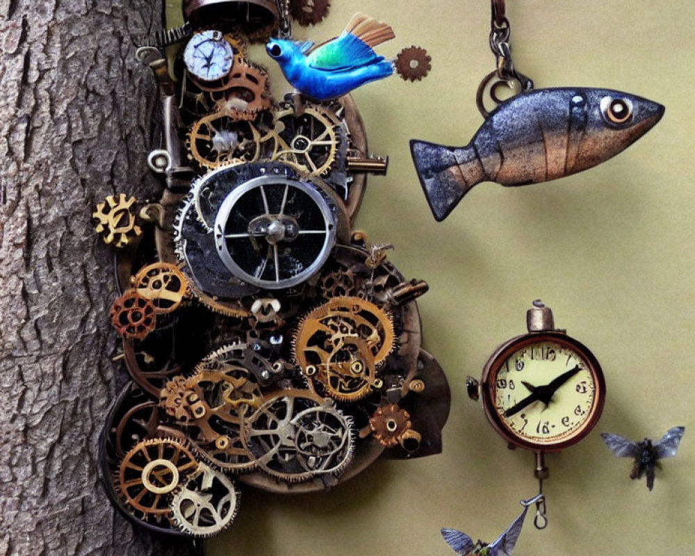 Steampunk composition featuring gears, clocks, helmet, mechanical fish, birds, and tree background