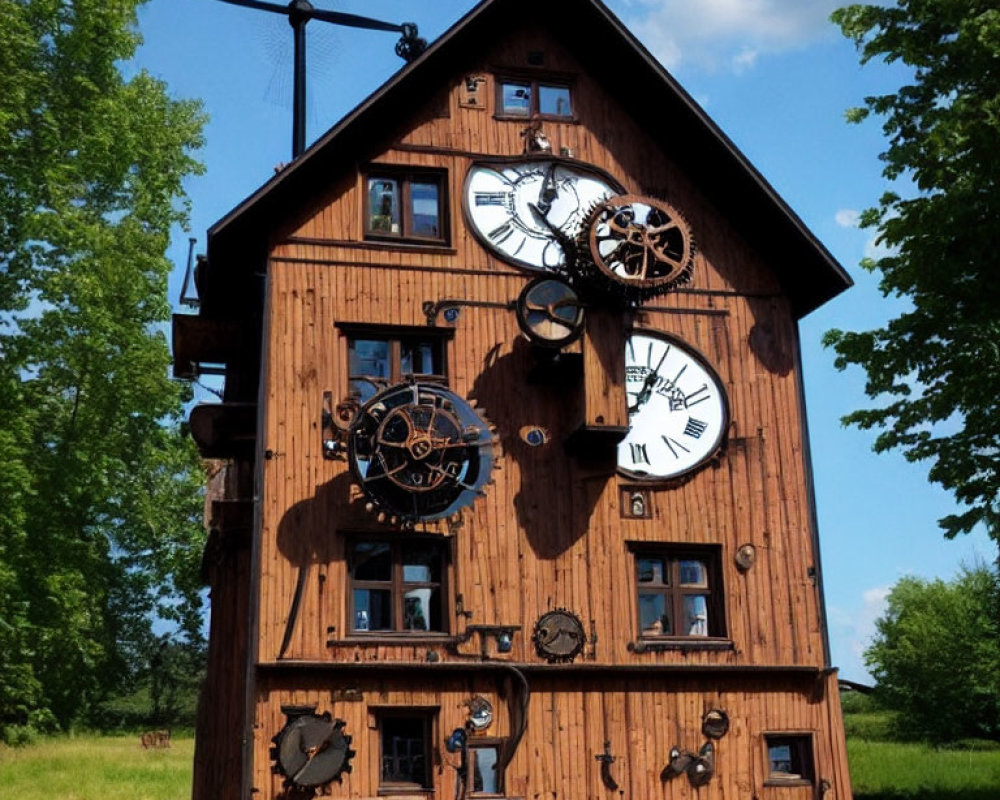 Wooden house with diverse clocks on facade under blue sky