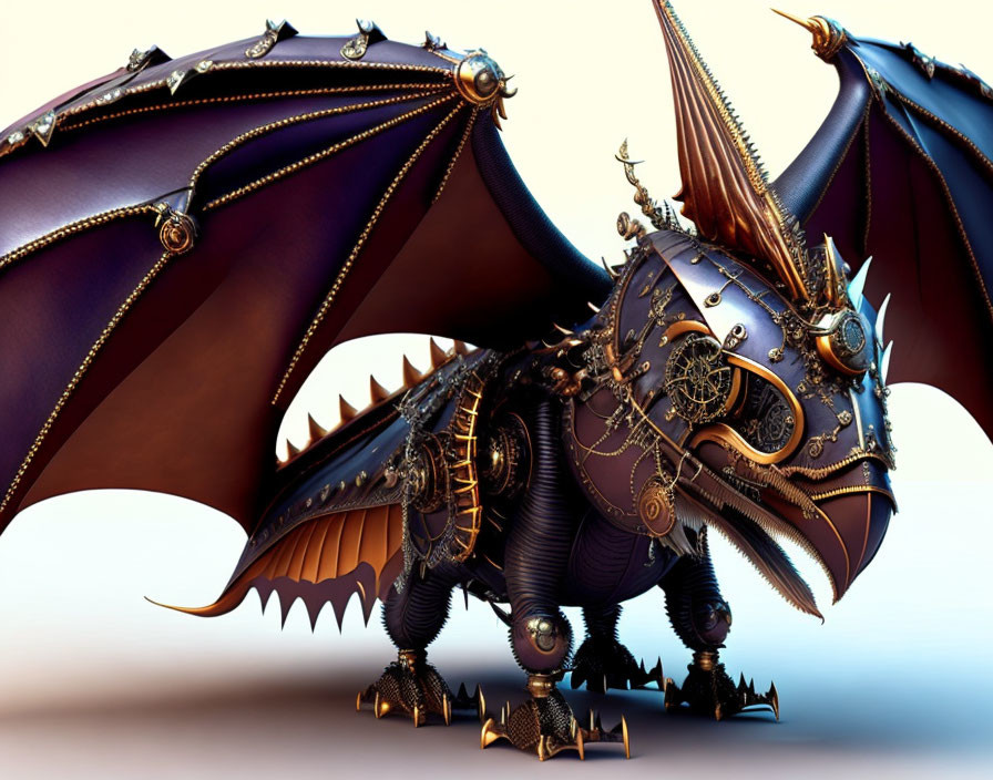 Detailed 3D Illustration of Mechanical Dragon with Steampunk Aesthetics