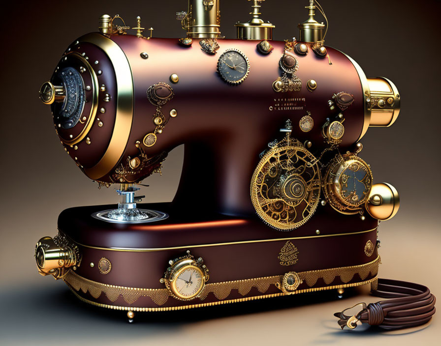 Steampunk-inspired vintage sewing machine with ornate gears and metallic finishes