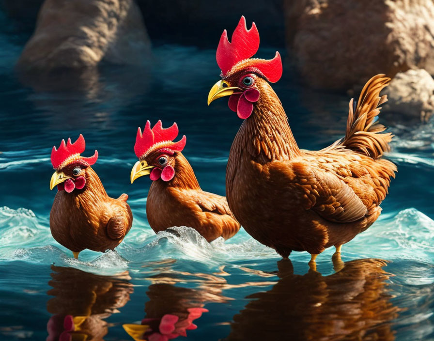 Exaggerated cartoon chickens on watery background with rocks