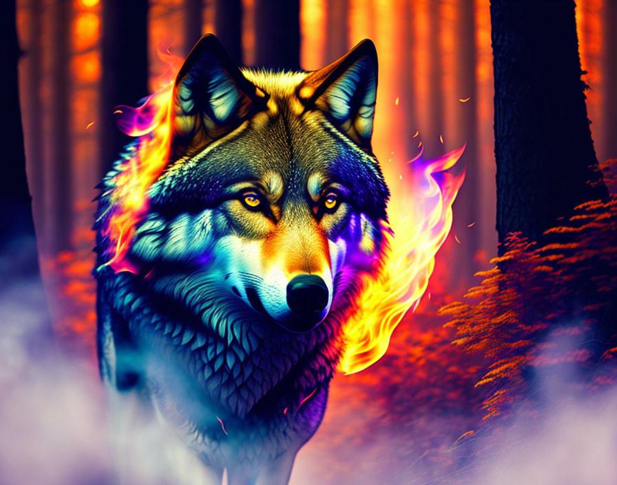 Vivid digital artwork: Wolf with flame fur in mystical, colorful forest