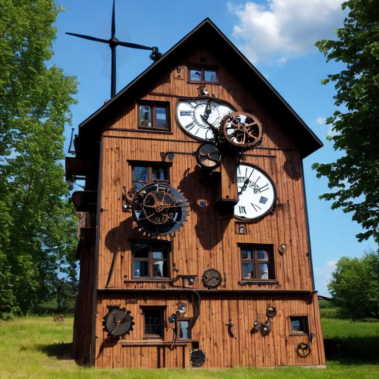 Wooden house with diverse clocks on facade under blue sky