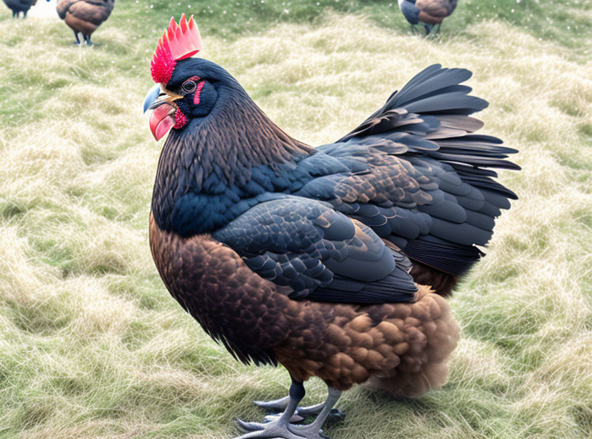 Black and Brown Chicken with Red Comb and Wattle on Grass