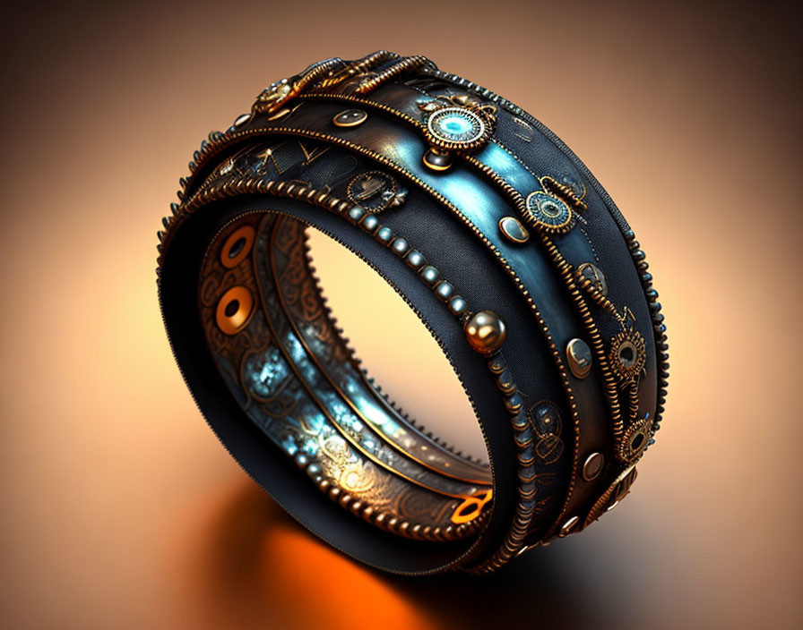 Steampunk-inspired bracelet with metallic gears and blue gem accents