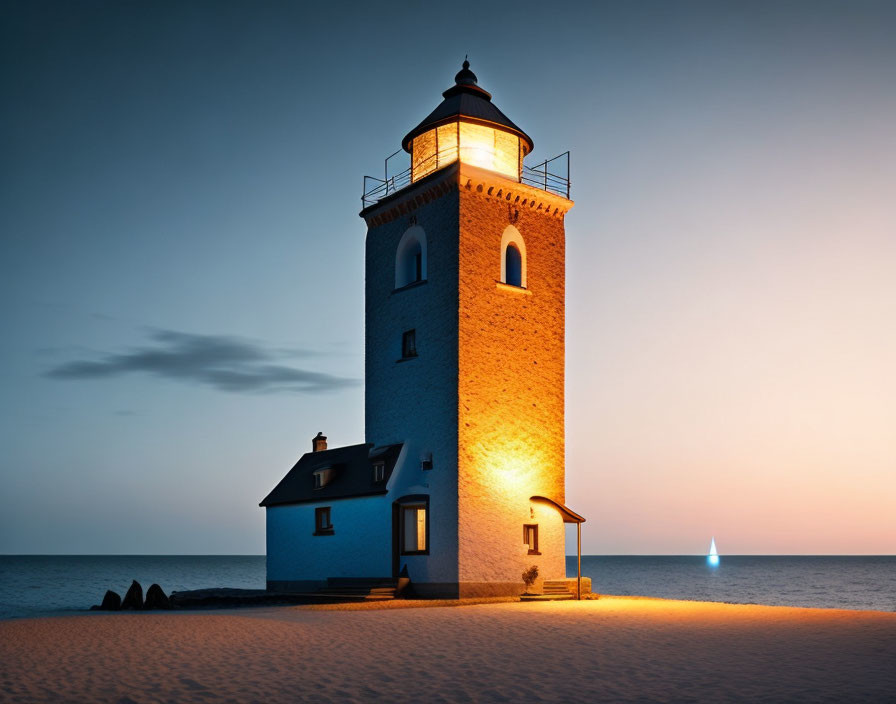 Solitary lighthouse on sandy shore at dusk with activated light beacon