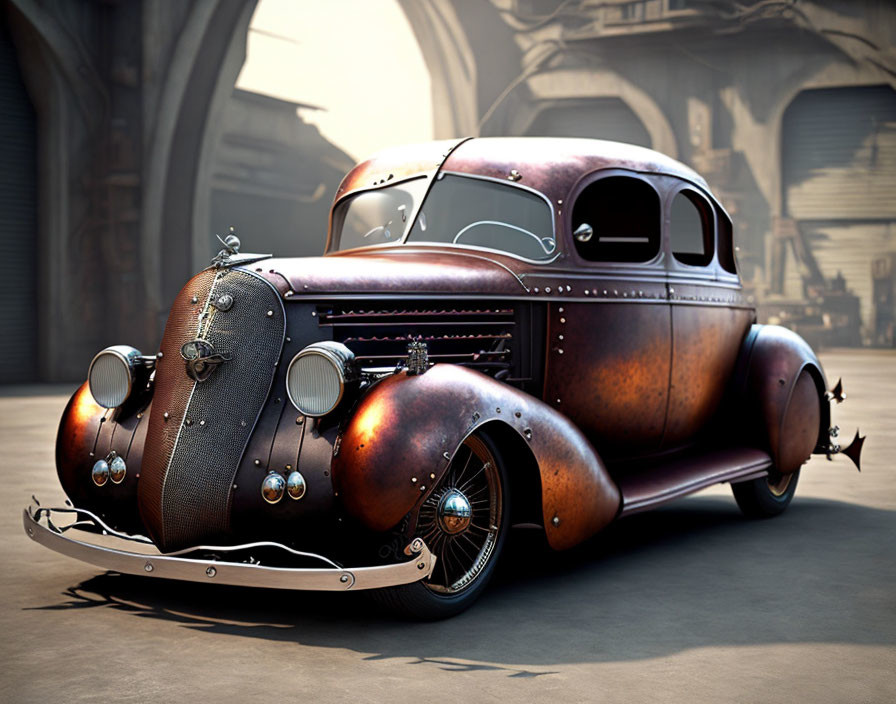 Vintage Custom Car with Rusty Brown Finish in Industrial Garage